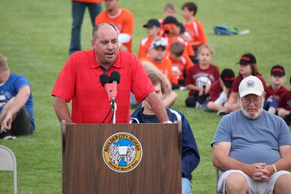 New UNLV football coach Tony Sanchez talks up the program during an appearance at the Boulder City Little League. COURTESY UNLV