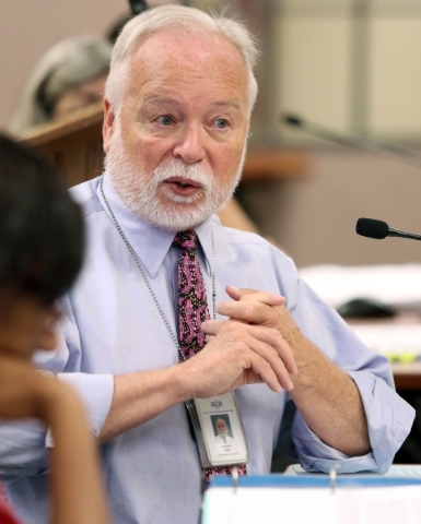 Dr. Joseph Iser, chief medical officer for Southern Nevada Health District, speaks to the Southern Nevada District Board of Health during a monthly meeting at SNHD May 28 in Las Vegas. (Ronda Chur ...