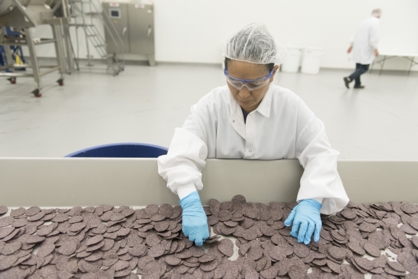 MaDel Colorado inspects and removes broken and misshapen chips from the batch at the RW Garcia plant at 4780 N. Lamb Blvd. in Las Vegas Wednesday Sept. 2, 2015. (Jason Ogulnik/Las Vegas Review-Jou ...