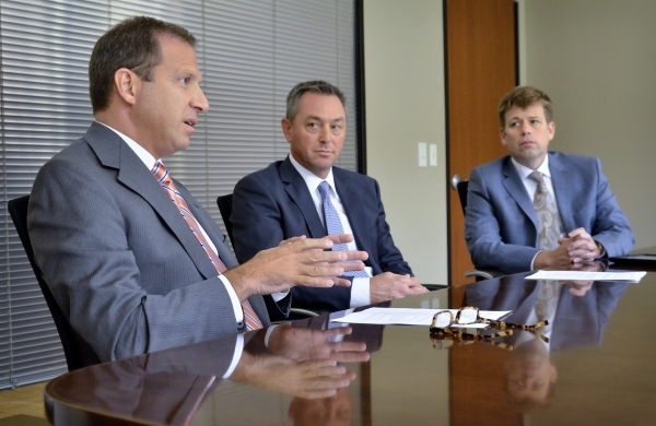 Todd Sklamberg, CEO of Sunrise and Sunrise Children‘s Hospitals, left, Chris Mowan, CEO of Mountain View Hospital, center, and Adam Rudd, CEO of Southern Hills Hospital, are shown during an  ...