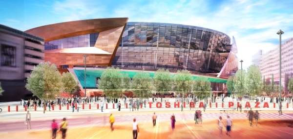 An artist‘s rendering shows the plaza entrance to the arena. (Courtesy, MGM Resorts)  October 2015