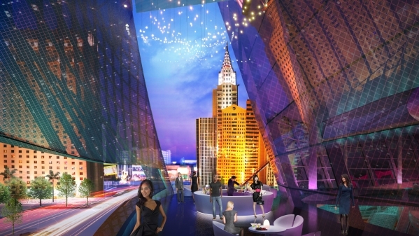 An artist‘s rendering shows one of the arena‘s exterior lounge areas. (Courtesy, MGM Resorts)  October 2015