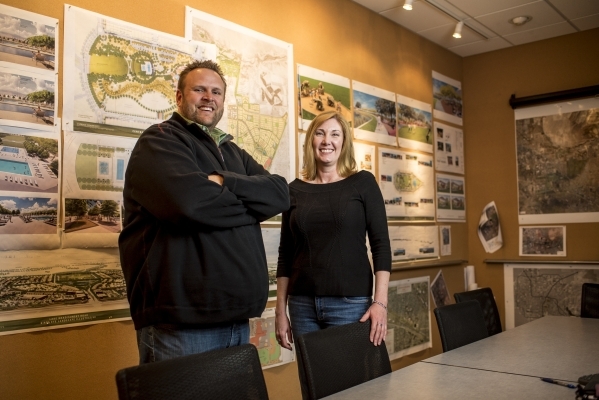 Lee Farris, left, vice president of land development, and Cheryl Persinger, vice president of marketing, pose for a photo at the Landwell offices in Henderson, Nev. on Tuesday, Nov. 24, 2015. Josh ...