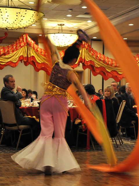 A dancer of "Cai Dai Wu Dao" - the Chinese ribbon dance - performs at the Las Vegas Asian Chamber of Commerce Chinese New Year Gala and Community Achievement Awards at the Gold Coast Casino, Feb.  ...