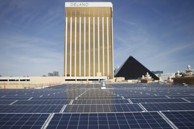 Newly installed solar panels are seen on the roof of Mandalay Bay Convention Center in Las Vegas during a tour Wednesday, Oct. 22, 2014. The solar panels are scheduled to go online Nov. 28 and wil ...