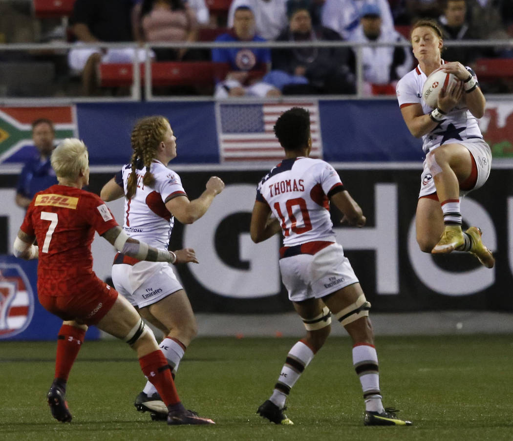 USA's Leyla Alev Kelter catches the ball during a USA Sevens rugby match against Canada at the Sam Boyd Stadium on Saturday, March 4, 2017, in Las Vegas. USA loss 31-7. (Christian K. Lee/Las Vegas ...