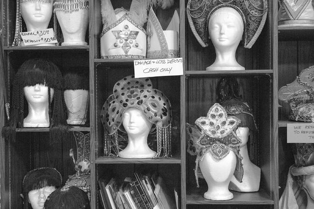 Headpieces line the shelfs at Williams Costume on Thursday, Feb. 16, 2017, in Las Vegas. (Bridget Bennett/Las Vegas Business Press)