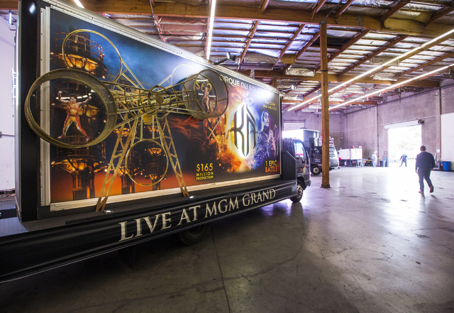 A custom 3D build-out mobile billboard for “KÀ” by Cirque du Soleil parks in a warehouse at Kre8 Media Outdoor Advertising, 4050 W . Harmon Ave., on Friday, Dec. 9. Jeff Scheid/Las Vegas Revi ...