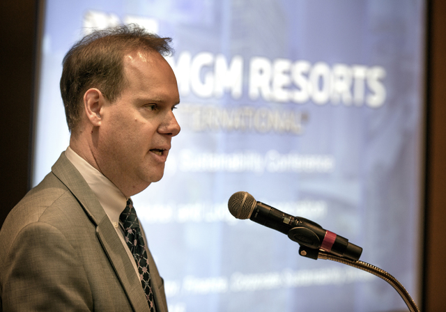 Henry Shields, director of Finance and Analysis, Corporate Sustainability Division, MGM Resorts International, speaks during the 2016 Sustainability Conference at The Orleans on Thursday Nov. 10,  ...