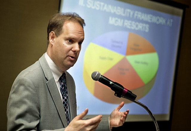 Henry Shields, director of Finance and Analysis, Corporate Sustainability Division, MGM Resorts International, speaks during the 2016 Sustainability Conference at The Orleans on Thursday Nov. 10,  ...