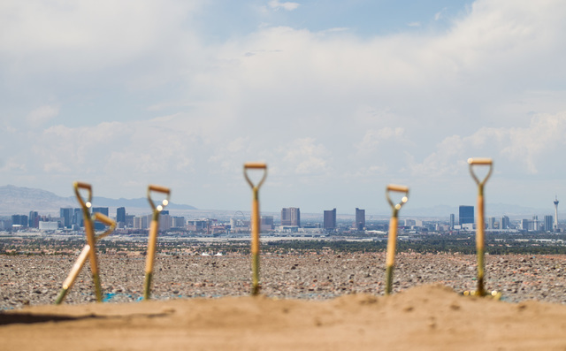Shovels are seen following the groundbreaking of the first home to be built in Ascaya, a luxury home development, in the hills of the McCullough mountain range in Henderson on July 7, 2015. (Chase ...