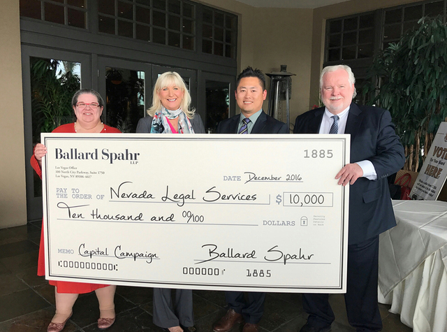 Ballard Spahr contribution at Clark County Bar luncheon kicks-off Nevada Legal Services' capital campaign.  Pictured, from left, are AnnaMarie Johnson, Executive Director, Nevada Legal Services; K ...