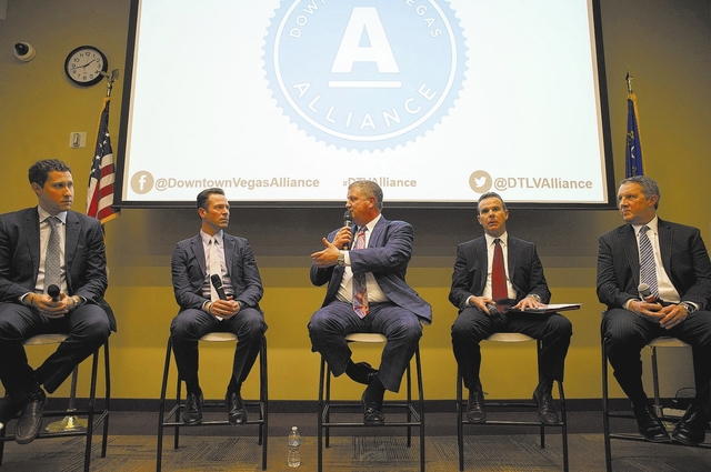 Owner of the D, Golden Gate and Downtown Las Vegas Events Center Derek Stevens, center, speaks downtown Las Vegas in part of a panel on Thursday, Feb. 2, 2017. Downtown Vegas Alliance held a panel ...