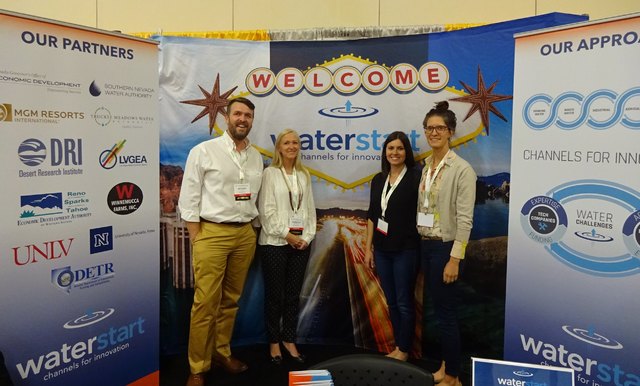 Craig A. Ruark, Las Vegas Business Press 
WaterStart Executive Director Nathan Allen, left, with staff members Rebecca Shanahan, Cecilia Sample, and Raja Bushnell, pose in front of the WaterStart  ...