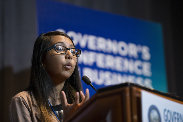 Jailene Vazquez of Remmedy gives her sales pitch in the Governor's Conference on Business Business Pitch Competition at the Rio Sept. 30. (Erik Verduzco/Las Vegas Business  Press)