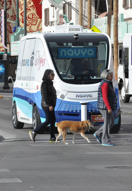 NAVYA demonstrated its driverless shuttle ARMA from CES to Fremont East in the first few weeks of this month. (Buford Davis/ Las Vegas Business Press)