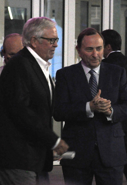 Vegas Golden Knights owner Bill Foley (left) and NHL Commissioner Gary Bettman converse prior to the teams Nov. 22 unveiling ceremony at T-Mobile Arena. Photo by Buford Davis | Business Press