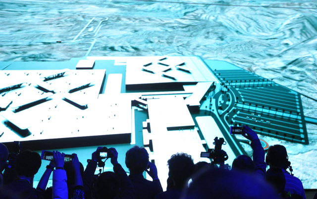 A computer-generated model of Faraday Future's $1 billion North Las Vegas production facility was displayed as part of the unveiling of the FF 91 electric car, Jan. 3, at the World Market Center P ...