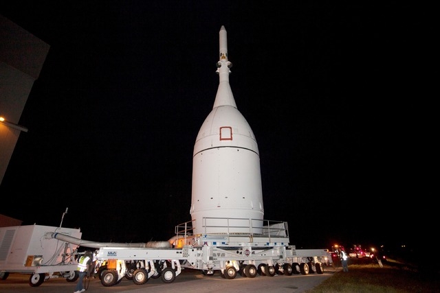 Orion spacecraft preparing departure from Kennedy Space Center's Launch Abort System Facility in Florida and trek to Cape Canaveral Air Force Station Space Launch Complex 37 on Nov. 11, 2014. (Cou ...