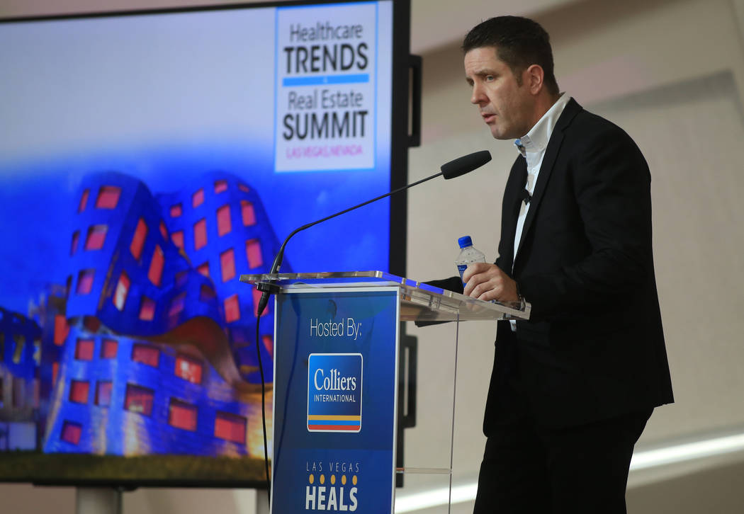 Doug Gainer, CEO of Las Vegas Heals, moderates a panel during the Healthcare Trends and Real Estate Summit at the Keep Memory Alive Event Center April 6. (Brett Le Blanc/Las Vegas Business Press)
