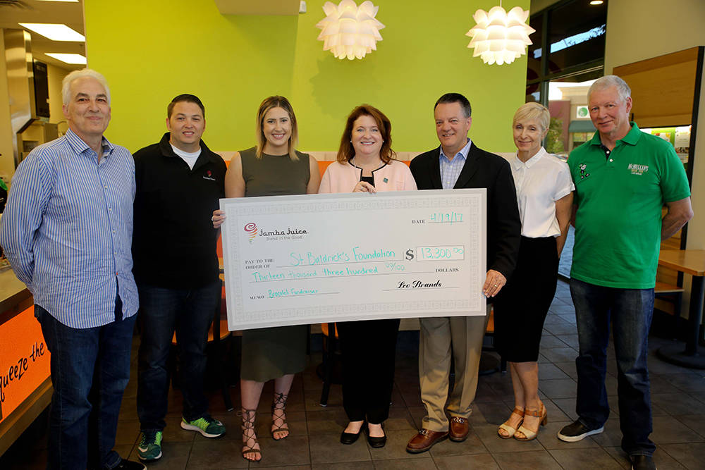 Jamba Juice donated more than $13,300 to the St. Baldrick’s Foundation. L to R are: Phil Patent, president, FC Juice Partners, Jamba Juice; Cary Karrer, director of operations, FC Juice Partners ...