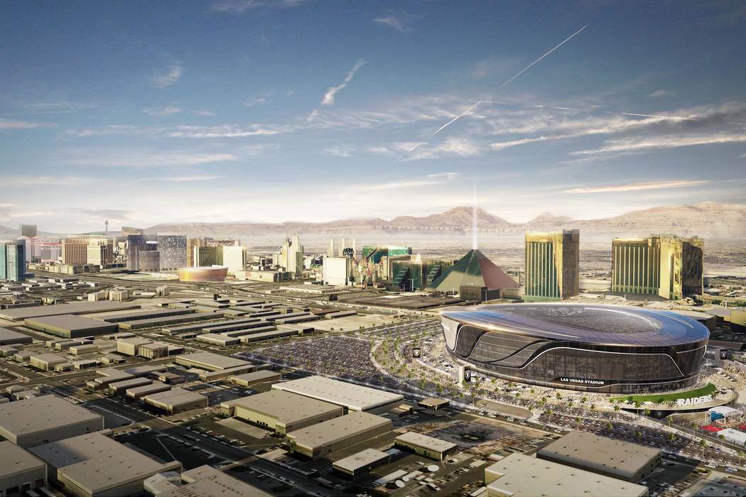 An aerial view rendering of the Las Vegas Raiders stadium project. (MANICA Architecture)