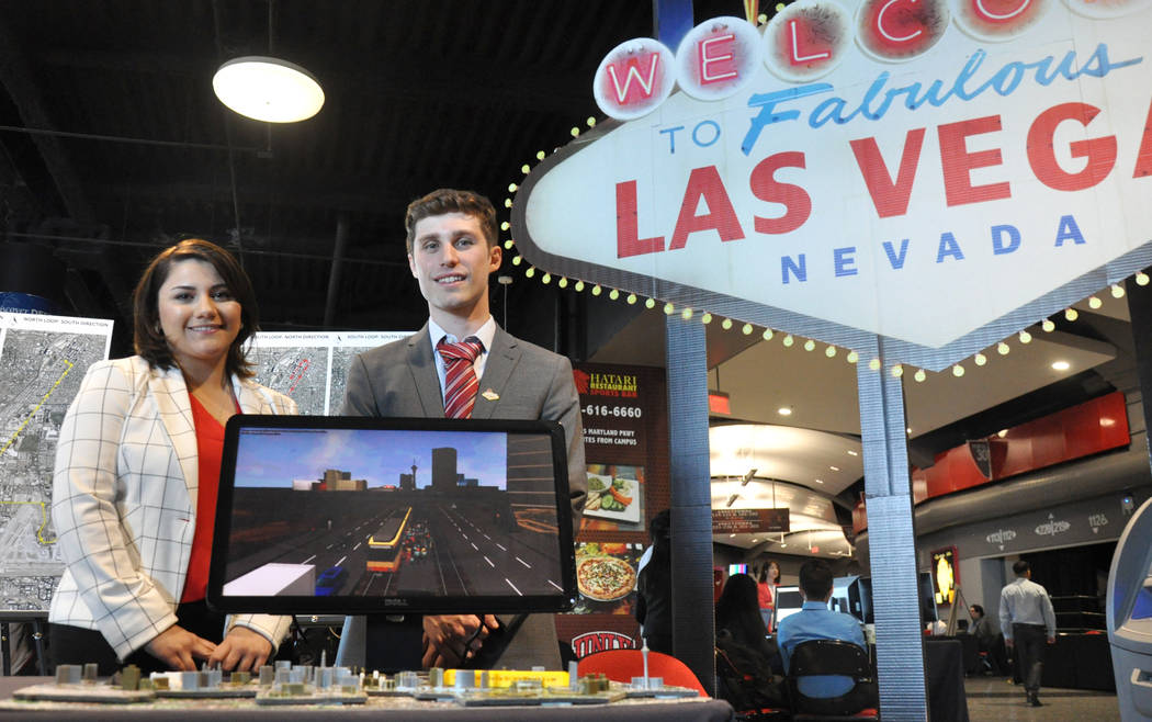 UNLV students Maria Evans and Steven Andra designed a light rail system to connect McCarran International Airport to properties along the length of Las Vegas Boulevard. Photo by Buford Davis / Las ...