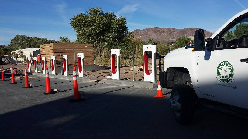 Courtesy of Rudy Garcia
Valley Electric Association utility co-op installed eight Tesla Supercharger stations in Beatty near Eddie World along U.S. Highway 95 as part of the Nevada Electric Highwa ...