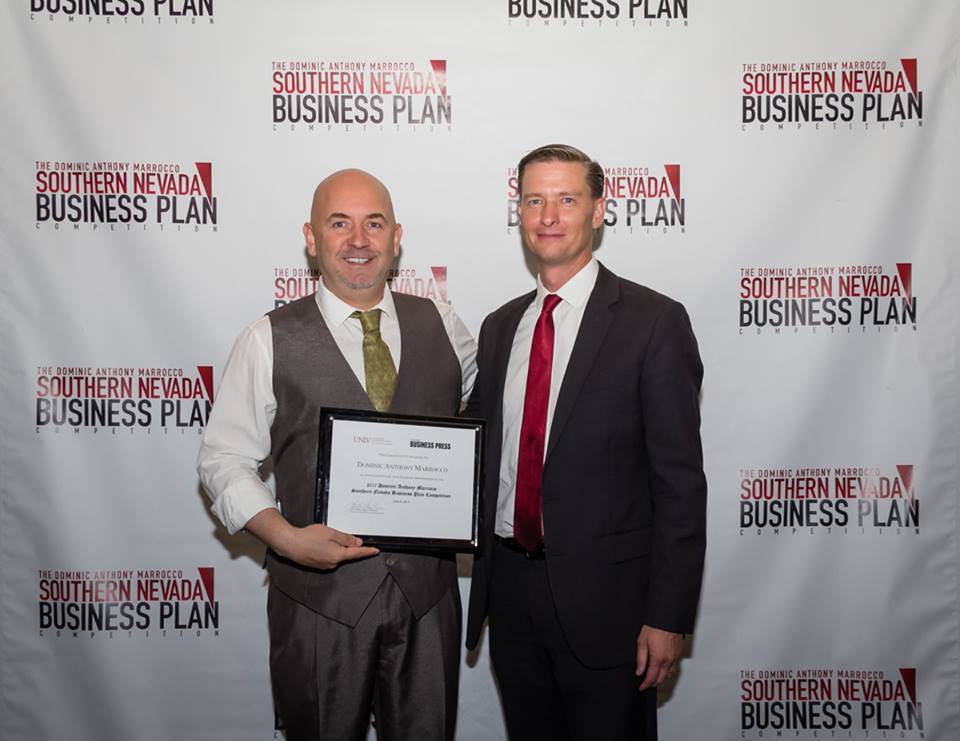 Leith Martin director of the Center for Entrepreneurship, right, thanks Dominic Anthony Marrocco for his eighth year of support of the UNLV Business Plan Competition. (Courtesy UNLV)