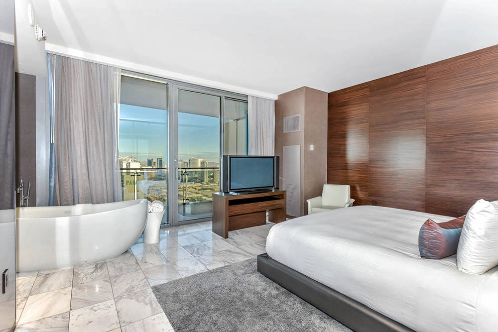 The master bedroom and bath in one of the Palms Place unit on Flamingo Road. (Palms Place)