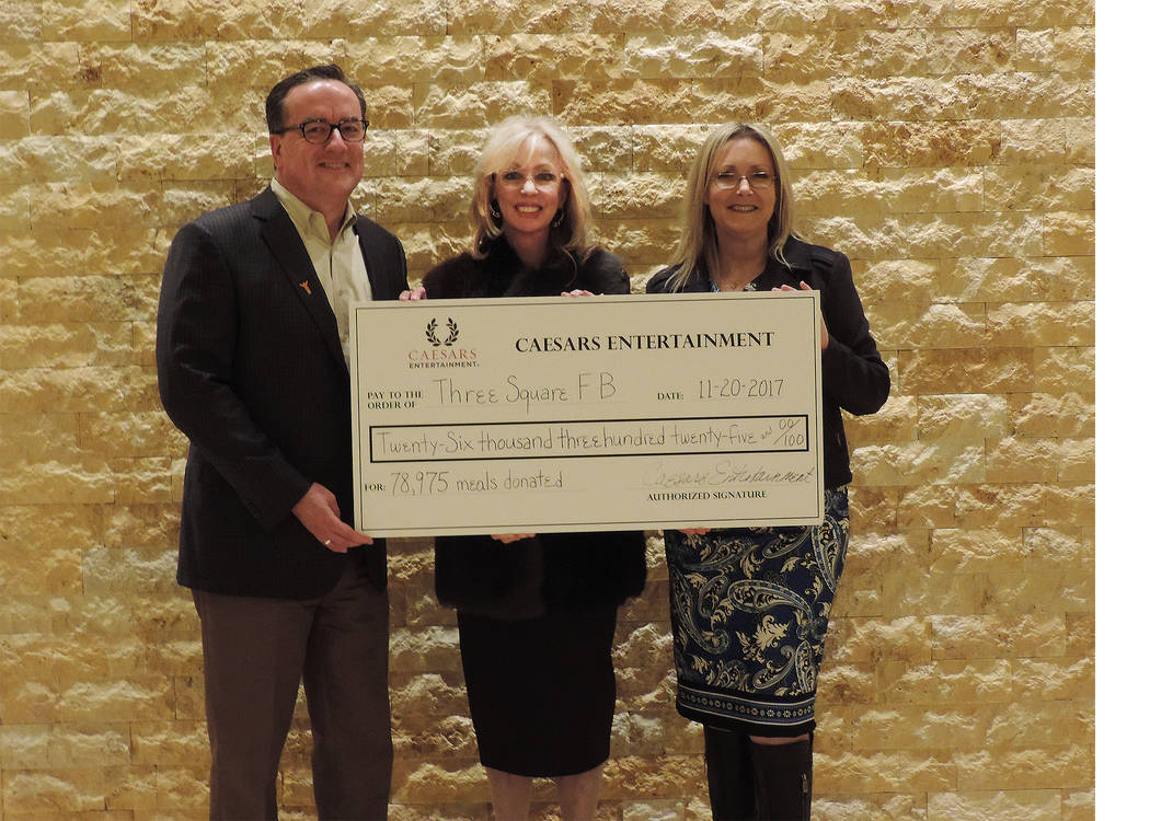 From left, Brian Burton, president and CEO, Three Square Food Bank; Jan Jones Blackhurst, executive vice president of public policy and corporate social responsibility, Caesars Entertainment; and  ...