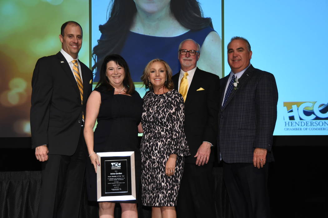 From left, Scott Muelrath, president and CEO of the Henderson Chamber of Commerce; Aviva Gordon, Gordon Law and recipient of Board Member of the Year Award; Amber Stidham, government affairs direc ...