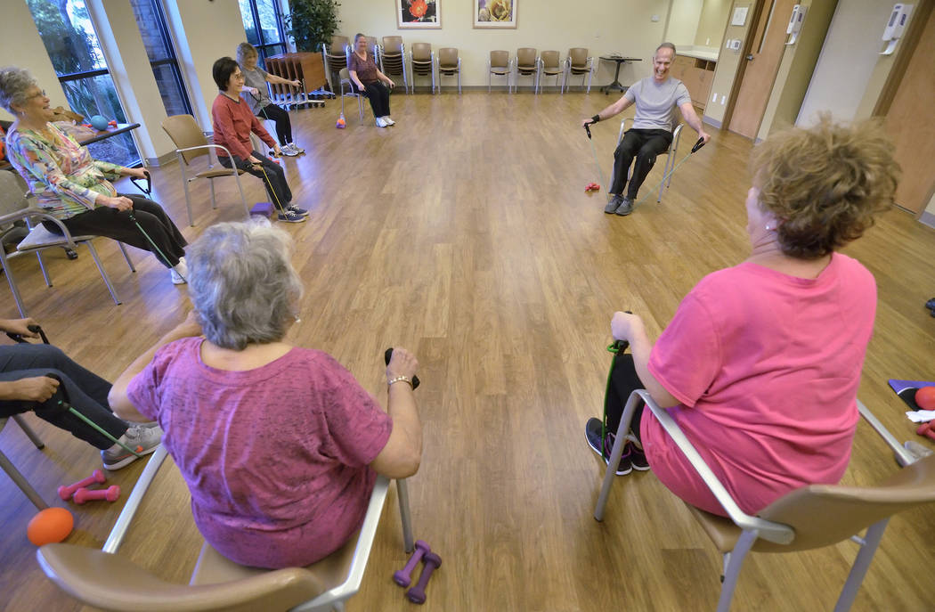 Instructor Bob Rose leads a SilverSneakers fitness class at the Southwest Medical Lifestyle Center West at  8670 W. Cheyenne Ave. on Jan. 29. (Bill Hughes Business of Medicine.)