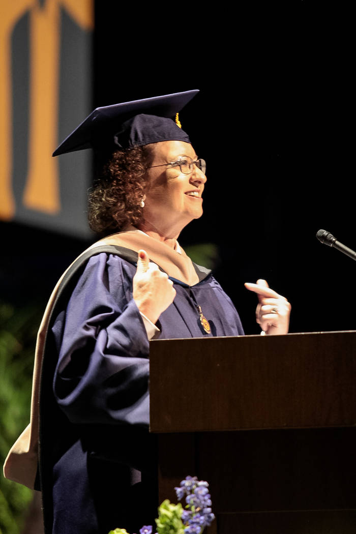 Cae Swanger, chief information officer for HCA’s Far West Division in Las Vegas, gives commencement remarks in May as part of the second graduation ceremonies of the state-endorsed online colleg ...