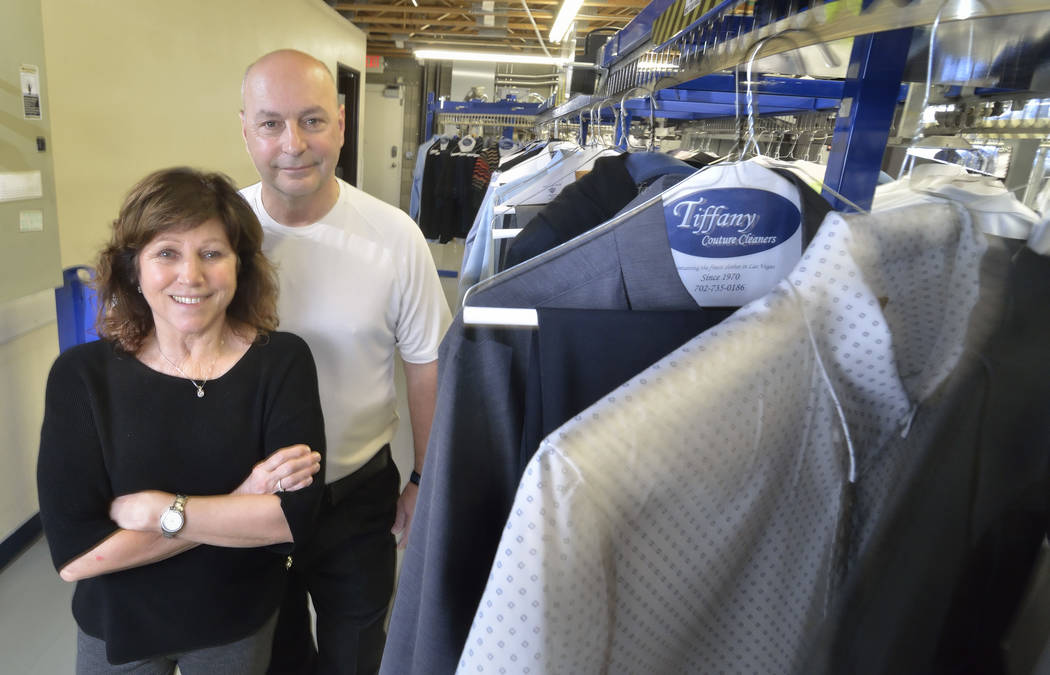 Dan and Judy Del Rossi, owners of Tiffany Couture Cleaners, are shown in the cleaning and pressing area of their business at 5981 McLeod Drive on Feb. 6. (Bill Hughes Las Vegas Business Press)