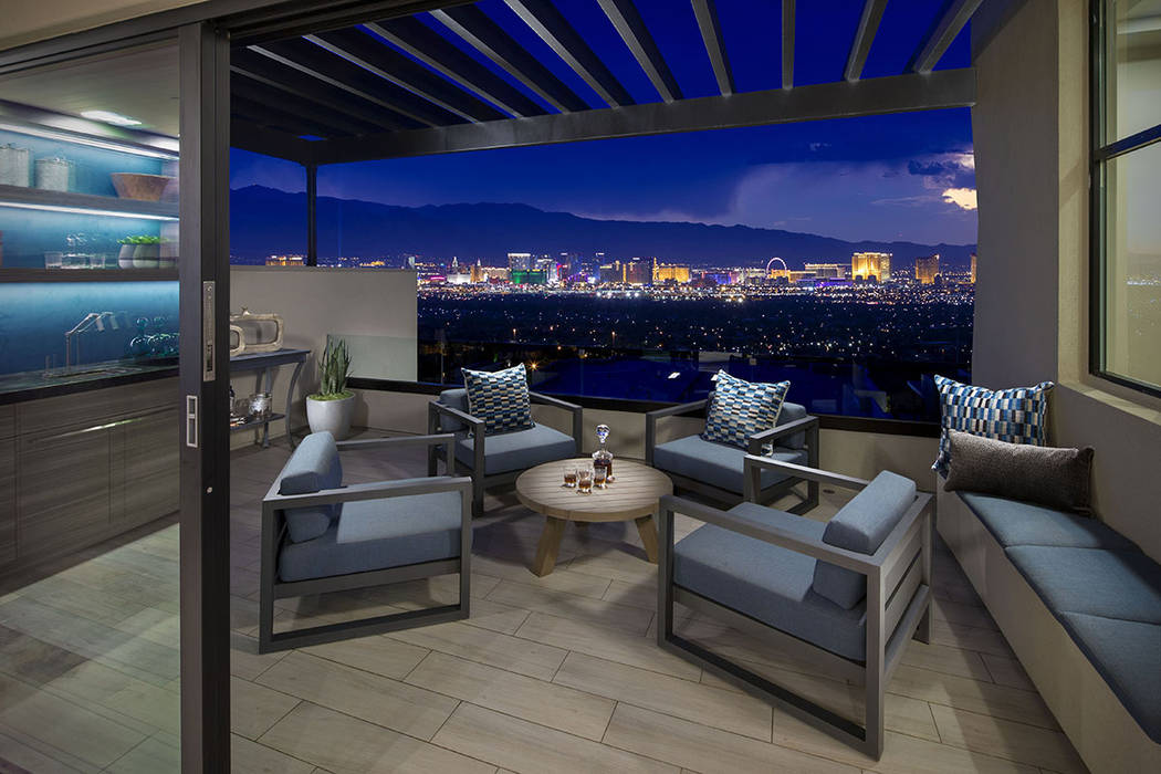 The balcony overlooks the Strip. (Christopher Homes)