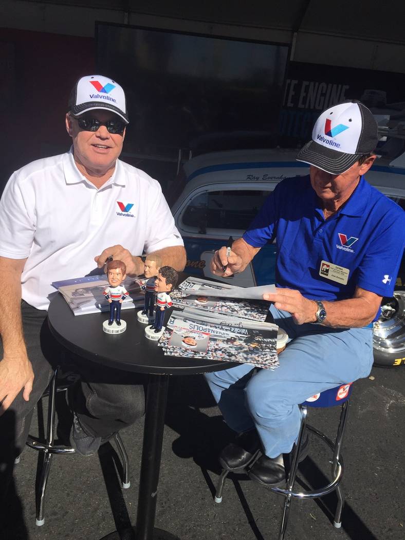 From left is former Indy Car Driver Al Unser Jr. and retired National Hot Rod Association competitor Joe Amato at the recent Specialty Equipment Market Association show.