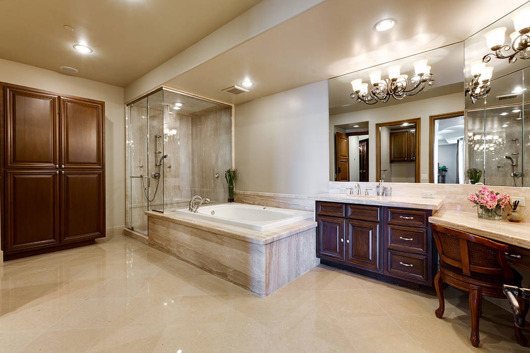 The master bath in unit 1603 in One Queensridge Place. (Ivan Sher Group)