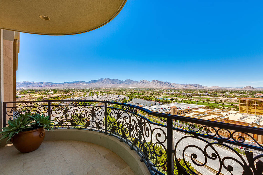 The balcony in unit 1603 in One Queensridge Place has a sweeping view of the Las Vegas Valley. (Ivan Sher Group)