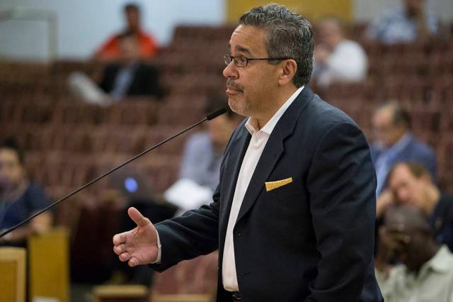 Peter Guzman, president of the Latin Chamber of Commerce, speaks during a meeting at the Clark ...