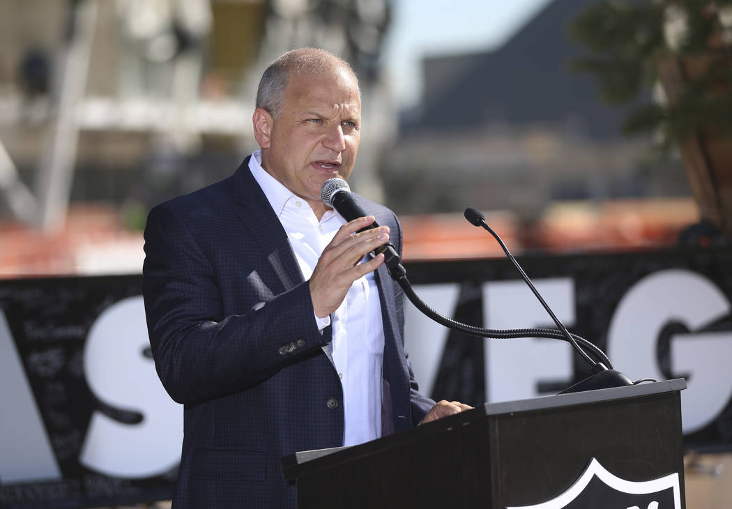 Raiders President Marc Badain speaks during the Las Vegas Stadium Topping Out Ceremony on Aug. ...
