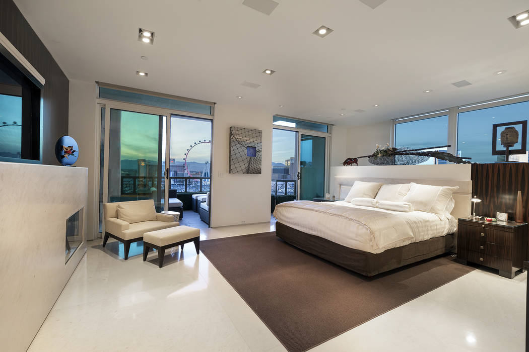 The master bedroom in the Park Towers condo features a view of the High Roller. (Ivan Sher Group)