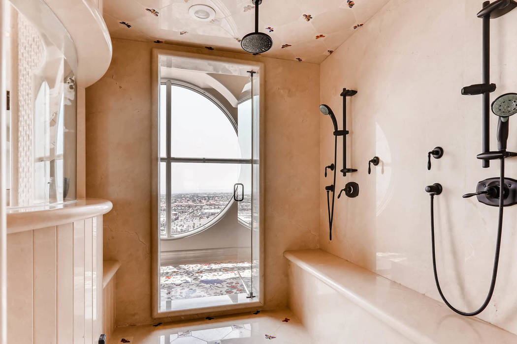 The master shower has views of the Las Vegas Strip. (Char Luxury Real Estate)