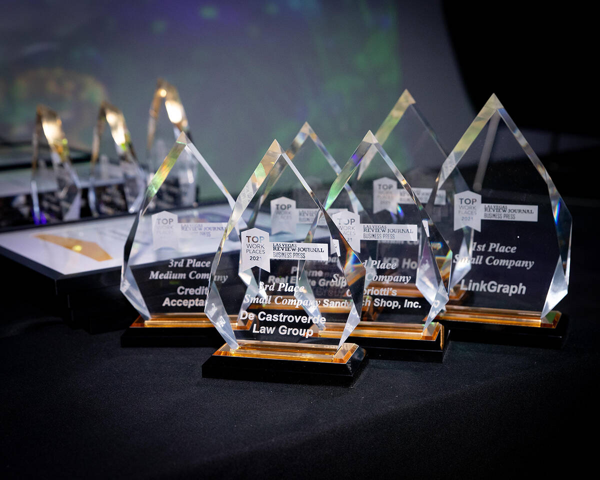 Awards from last year's Top Workplaces Nevada awards ceremony. (Tonya Harvey/Las Vegas Business ...