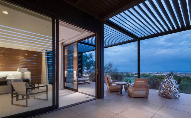 The master bedroom opens to an outdoor seating area with views of the Strip. (IS Luxury)