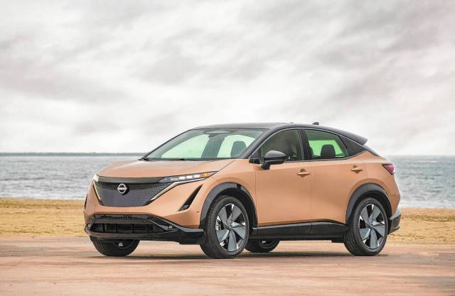 The front of the Nissan Ariya appears seamless, elegant and fresh. It's highlighted by a shield ...