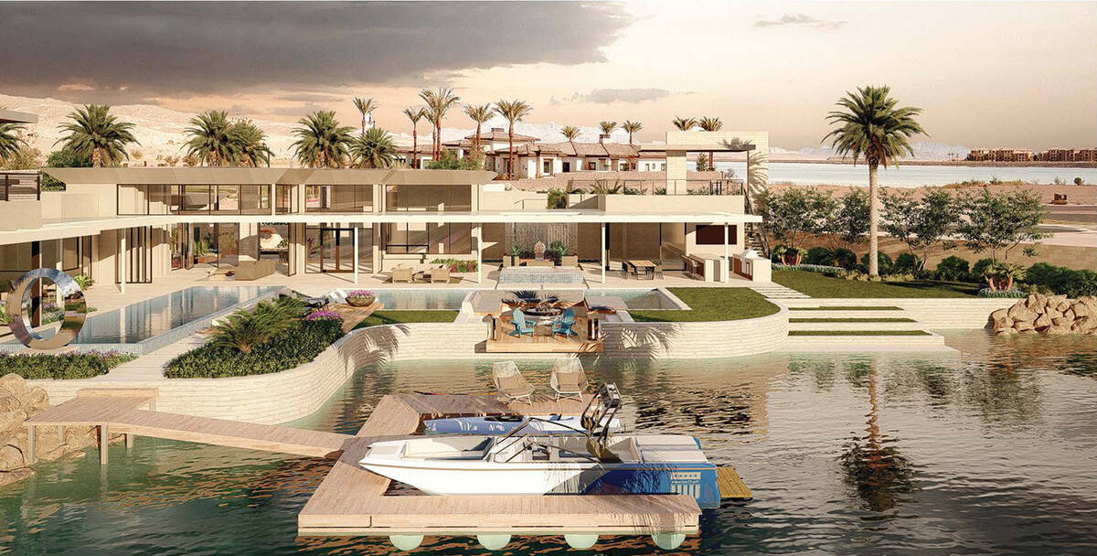 This artist's rendering shows a custom home with a boat dock in Lake Las Vegas. (MRJ Architects)