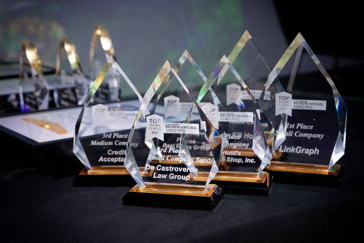 Awards from last year's Top Workplaces Nevada awards ceremony. (Tonya Harvey/Las Vegas Business ...