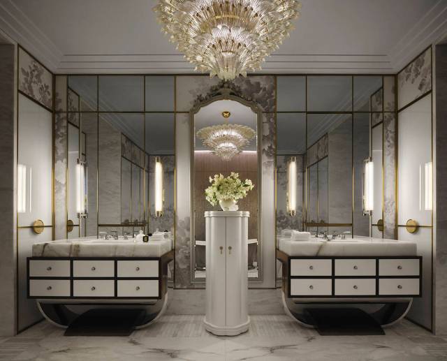 The luxurious bath has a private sauna, dual vanities with onyx counters and burl wood drawers ...